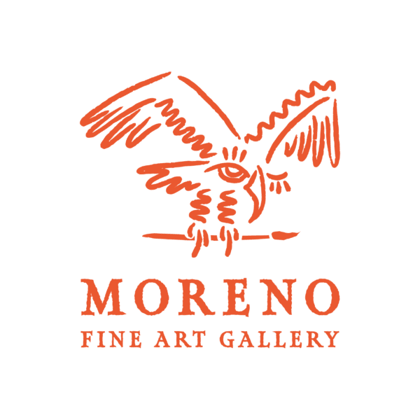 Logo of Moreno Fine Art Gallery featuring an abstract drawing of a bird in orange, with "Moreno Fine Art Gallery" written beneath it.