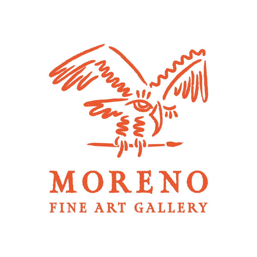 Logo of Moreno Fine Art Gallery featuring an abstract drawing of a bird in orange, with "Moreno Fine Art Gallery" written beneath it.