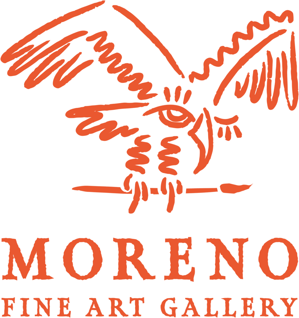 Logo of Moreno Fine Art Gallery featuring a stylized orange drawing of an eagle perched on a branch above the gallery's name in bold orange text.