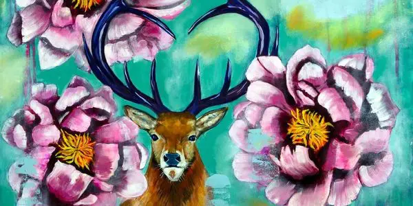 A painting of a deer with large antlers surrounded by oversized pink flowers set against a teal background.